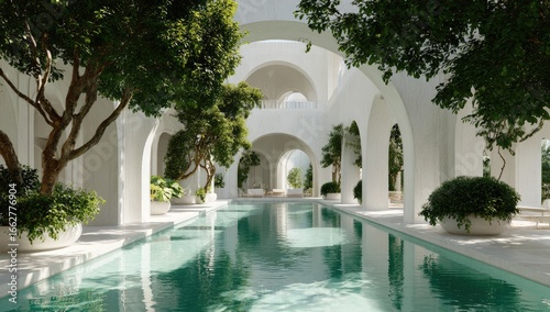White arches, lush greenery, tranquil pool
