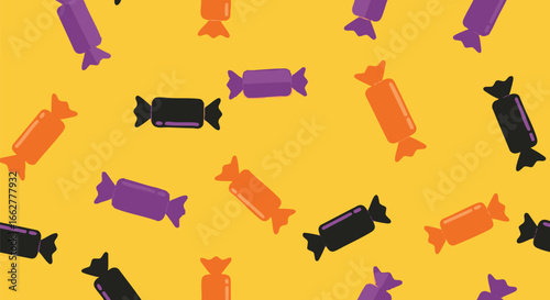 A cheerful pattern of colorful wrapped candies on a yellow background.