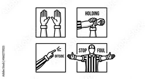 Image showing football referee signals for holding, offside, and stop foul during a game.