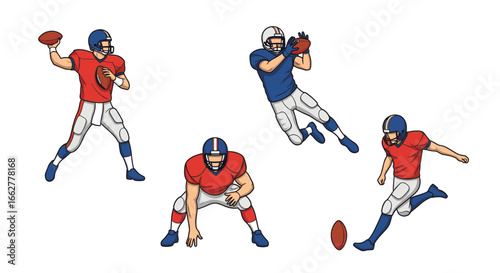 Four American football players in action, including a quarterback throwing, a receiver catching, a player in a ready stance, and a kicker.