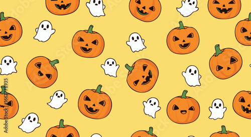 Cheerful Halloween pattern featuring grinning pumpkins and playful ghosts on a yellow background.