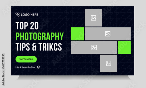 Best photography tips and tricks video thumbnail banner design, daily photography techniques video cover banner design, fully customizable vector eps 10 file format