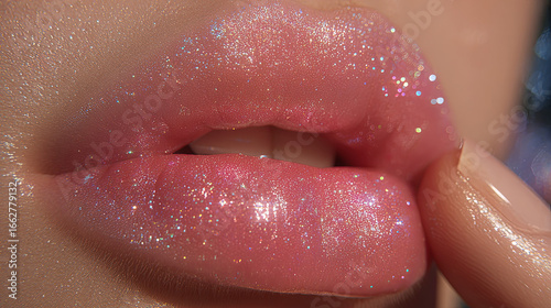 Close-Up of Lips Applying Sparkling Pink Glitter Lipstick