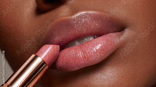 Close-Up of Glossy Lips Applying Shimmery Nude Lipstick