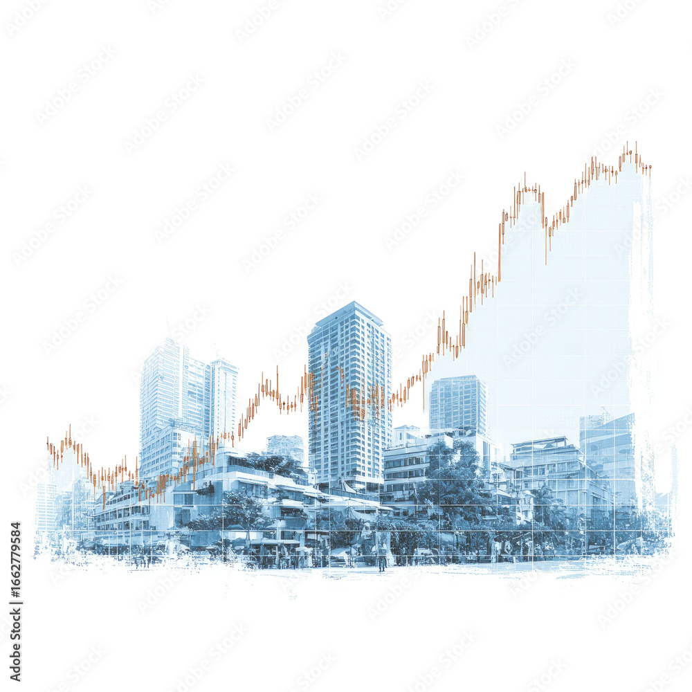 Fototapeta premium Abstract cityscape with financial graph overlay (1)