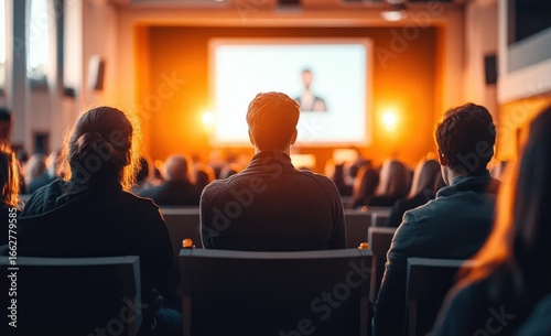 Audience seated in a dimly lit conference room attentively watching a presentation projected on a screen with warm lighting creating a focused and engaged atmosphere
