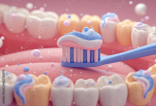 Toothbrush cleaning teeth with pastel colored toothpaste