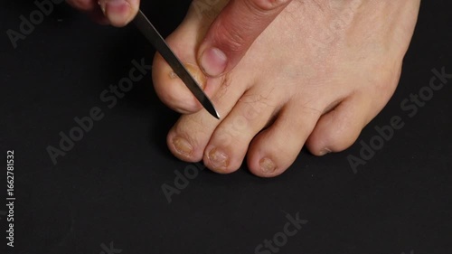 A man files his toenails with a nail file, pedicure close-up. Pedicure of men's feet on a black background.