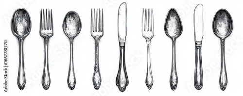 Black and white detailed illustration of vintage spoons, forks, and knives arranged in a neat row on a white background evoking a classic and elegant feeling