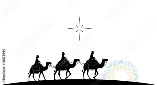 Three wise men following the star of bethlehem on a journey to see the newborn king