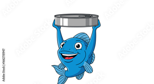 Happy blue cartoon fish cheerfully holding a shiny metal can above its head with both fins demonstrating a positive and lively seafood or marine life theme
