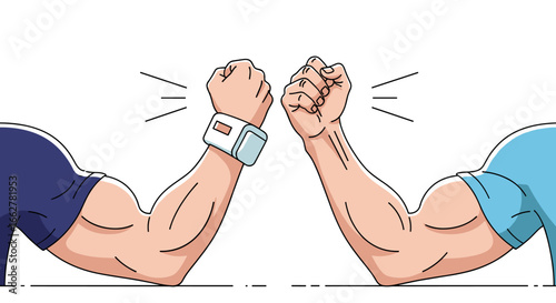 Two muscular arms locked in a friendly competition displaying strength and active lifestyle with a smart device on one wrist