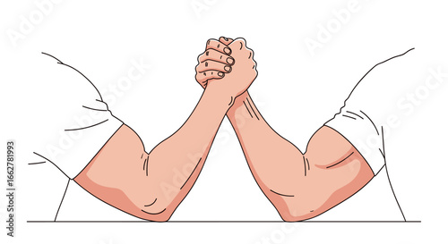 Two people engaged in an arm wrestling match demonstrating strength and friendly competition