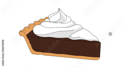 A delicious slice of creamy chocolate pie with whipped topping on a flaky pastry crust