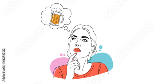 A woman thoughtfully ponders enjoying a refreshing cold beer on a warm day in this stylized illustration