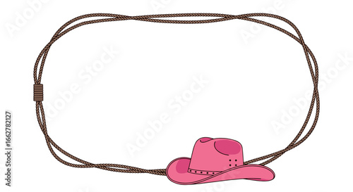 A rustic western rodeo lasso frame with a charming pink cowboy hat adornment for celebrations and events