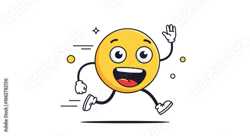Joyful emoji character running enthusiastically with a cheerful expression and waving hand illustration