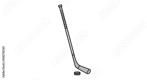An illustration of a hockey stick and puck on a white background representing the sport of ice hockey and its equipment