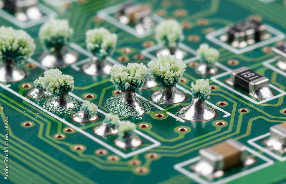 Obraz premium Close-up of a printed circuit board with microscopic corrosion starting at solder points. 