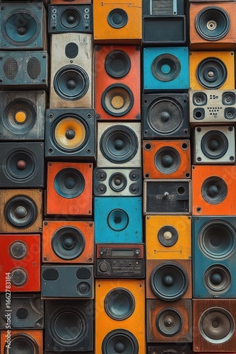 A colorful wall composed of various vintage speaker boxes in worn red, blue, orange, yellow, and black colors creating a vibrant, retro sound system collage