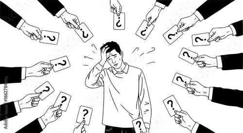 A person feels overwhelmed by many questions  