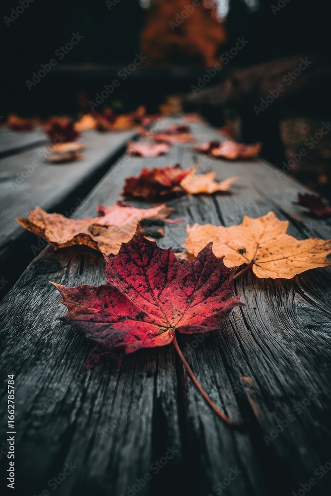 Obraz premium Autumn Leaves on Wood