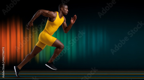 Wallpaper Mural Athlete in yellow sprinting on digital track with glowing lines, concept of speed and power Torontodigital.ca