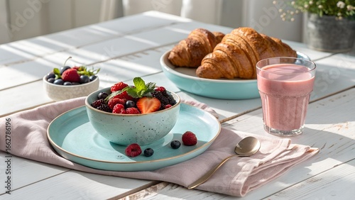 Inviting Pastel Breakfast Scene with Mixed Berries, Pink Smoothie, Croissant on Blue Plate, and Linen Napkin on Pale Wooden Table