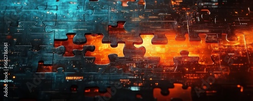 Close-up of a digital puzzle with missing pieces revealing bright glowing circuits underneath, symbolizing technology integration and discovery