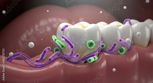 4k full hd photo closeup of teeth and gums covered in bacteria and microbes, illustrating dental plaque and oral health concerns