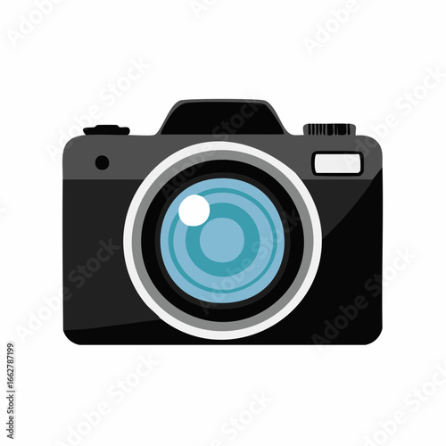 Black camera simple style with blue lens photography equipment studio tool hobby concept high quality professional