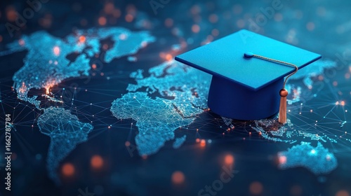 Blue graduation cap placed on illuminated digital world map with network connections symbolizing global education and learning