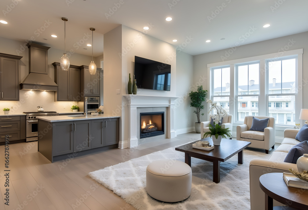 Fototapeta premium Living room in new luxury home with floor to ceiling fireplace