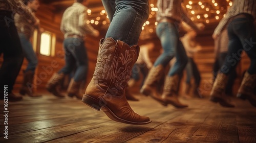 Close-up of people wearing cowboy boots and jeans dancing together on a wooden floor in a warmly lit rustic setting with string lights creating a festive atmosphere