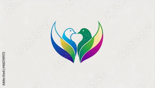 Two colorful birds facing each other, wings forming a heart shape