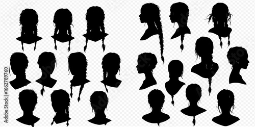 Diverse black silhouette illustrations of female heads and hairstyles, featuring various lengths, textures, and styles from multiple angles.