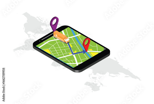 Delivery app isometric illustration. E-commerce. Track service. Truck shipping. Global online navigation. Delivery tracking infographic. Smartphone app, web, banner design. Isolated vector