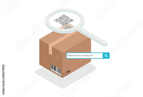 Parcel package order tracking flat 3d isometry isometric business online store shop delivery concept web vector illustration. Big box on magnifier and micro customers. Creative people collection.