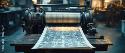 Old vintage printing press machine on wooden table with sheet of printed patterned paper rolling out in dimly lit workshop