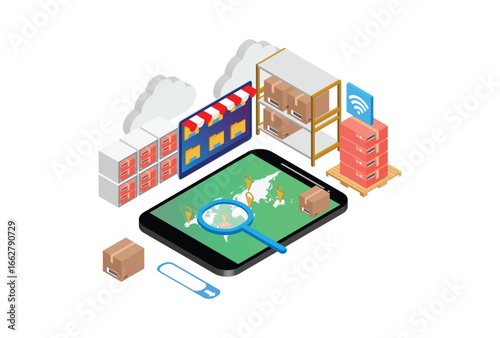 Modern Isometric Search Product Inventory Illustration, Web Banners, Suitable for Diagrams, Infographics, Book Illustration, Game Asset, And Other Graphic Related Assets