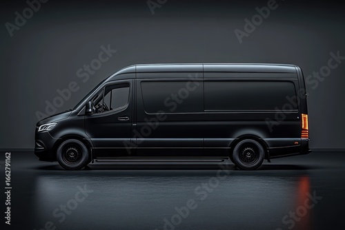 Sleek black cargo van parked on reflective surface in dark studio setting with illuminated rear lights