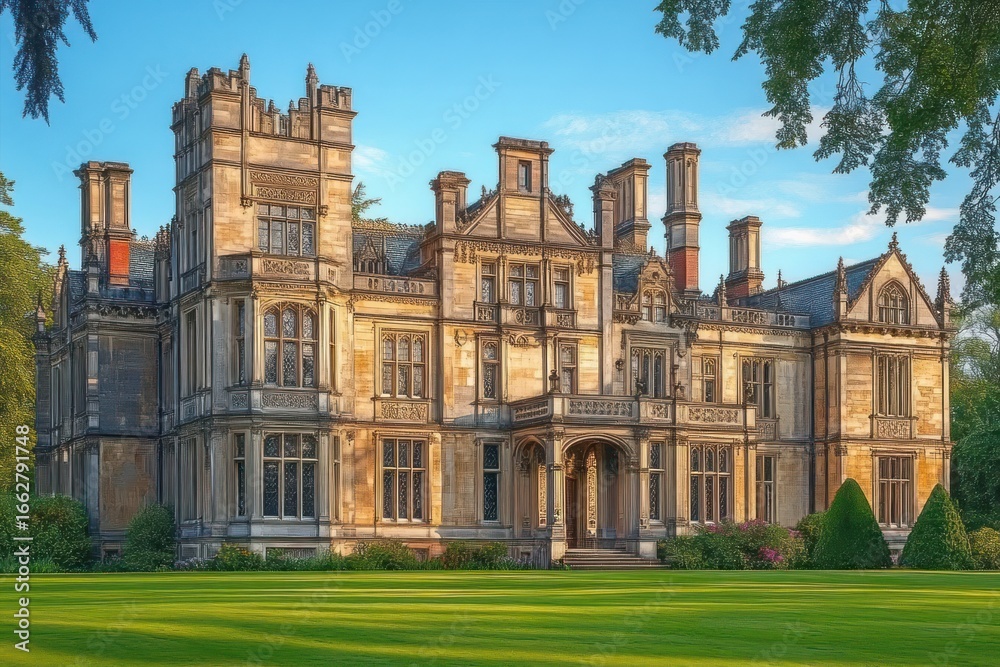 Fototapeta premium Large historic stone mansion with ornate architecture surrounded by well-maintained green lawn and trees under blue sky