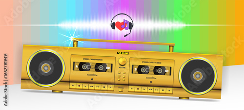 Vector gold portable vintage stereo tape recorder with cassette decks and speakers, modern design. Audio recording analog device. Retro music mobile golden gadget. Electronic stereo audio system