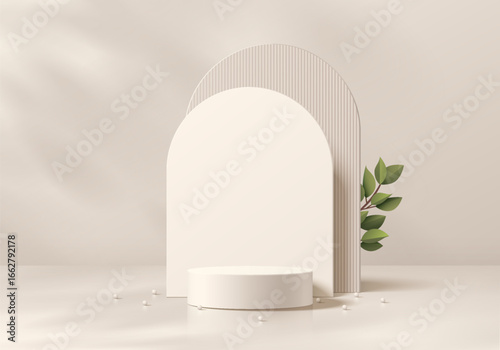 3D Beige cylindrical podium background with layers of arch backdrop, Green leaf. Minimalist mockup pedestal. Abstract stands product display presentation, Stage for showcase. Platforms vector design.