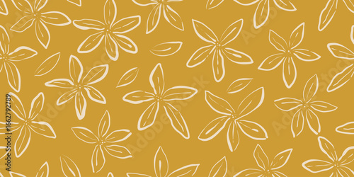Cream flower on yellow background in hand drawn style. Seamless floral fabric pattern. Simple flat and minimalist design. Use for wrapping paper, clothing,  book cover, textiles. Vector illustration.