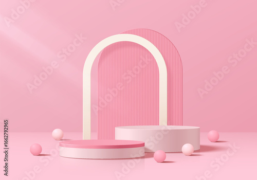 3D pink, white cylindrical podium background with arch backdrop and Sphere ball. Minimalist mockup pedestal. Abstract stands product display presentation, Stage for showcase. Platforms vector design.