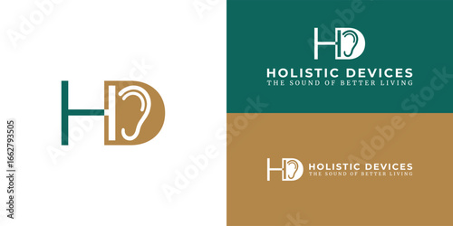 A minimalist logo for a hearing aid store combines the initials 'HD', with the 'D' cleverly shaped to incorporate an ear, symbolizing a focus on high-quality hearing solutions.