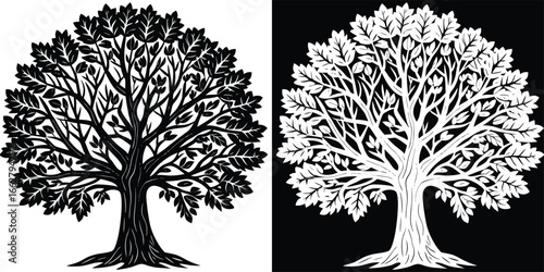Stunning black and white stylized tree with intricate branches and leaves, symbolizing nature's resilience and growth