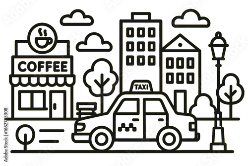 City street with a coffee shop, taxi, and buildings in a bustling urban environment during the day