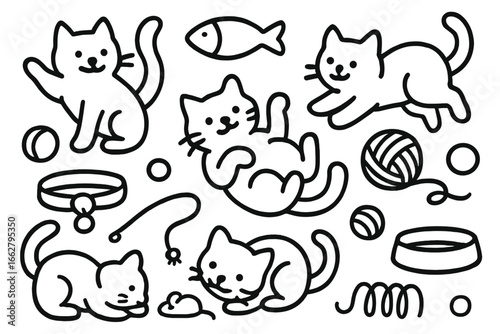 Playful cats engaging with toys and exploring their surroundings in a lively doodle illustration
